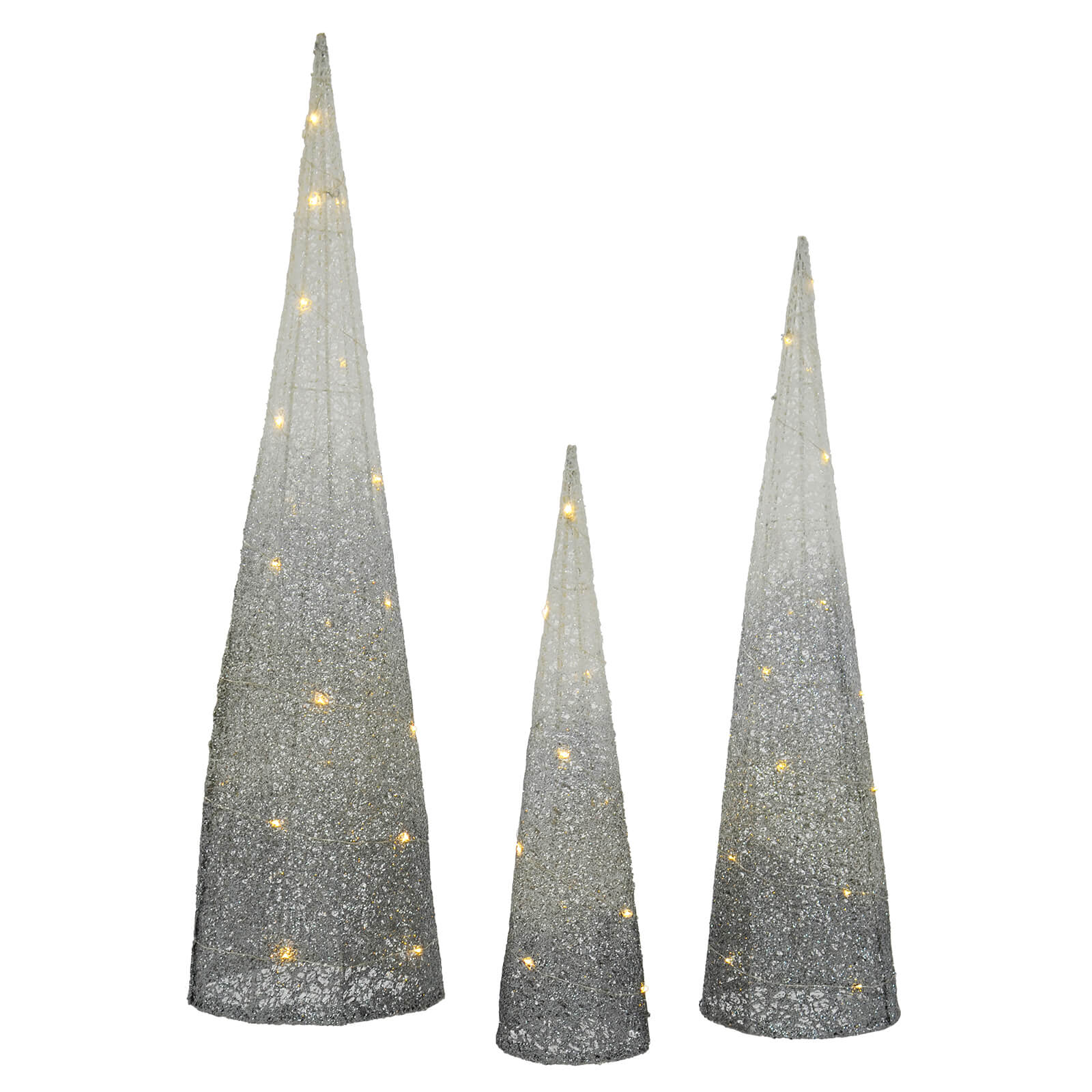 Set of 3 silver to white ombre glitter mesh Christmas trees with warm white LED lights